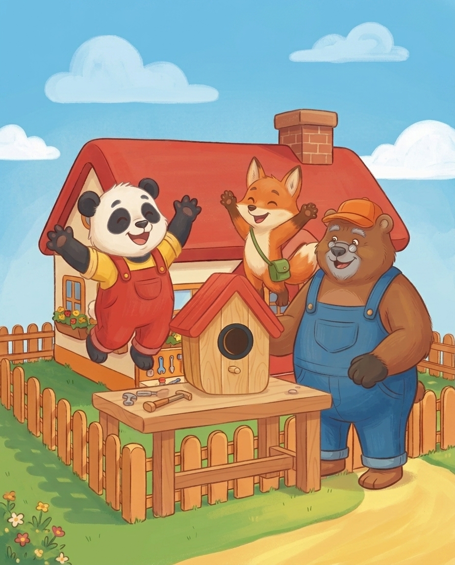 Het afgemaakte vogelhuisje staat stevig op het werkbankje, terwijl Pip en Fenna juichend in de rondte springen.