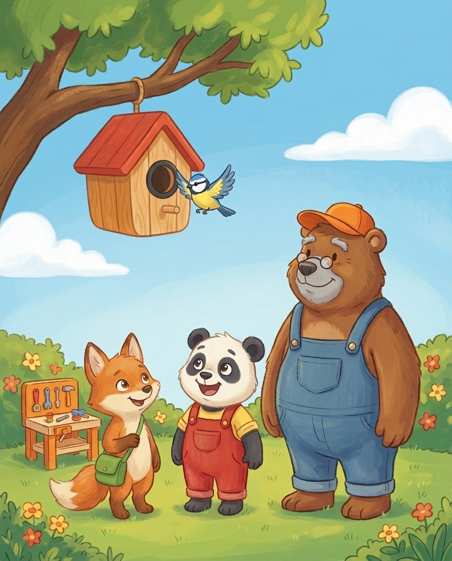 Het vogelhuisje hangt in de boom en het meesje komt kijken, terwijl Pip, Fenna en Opa Beer trots omhoog kijken.