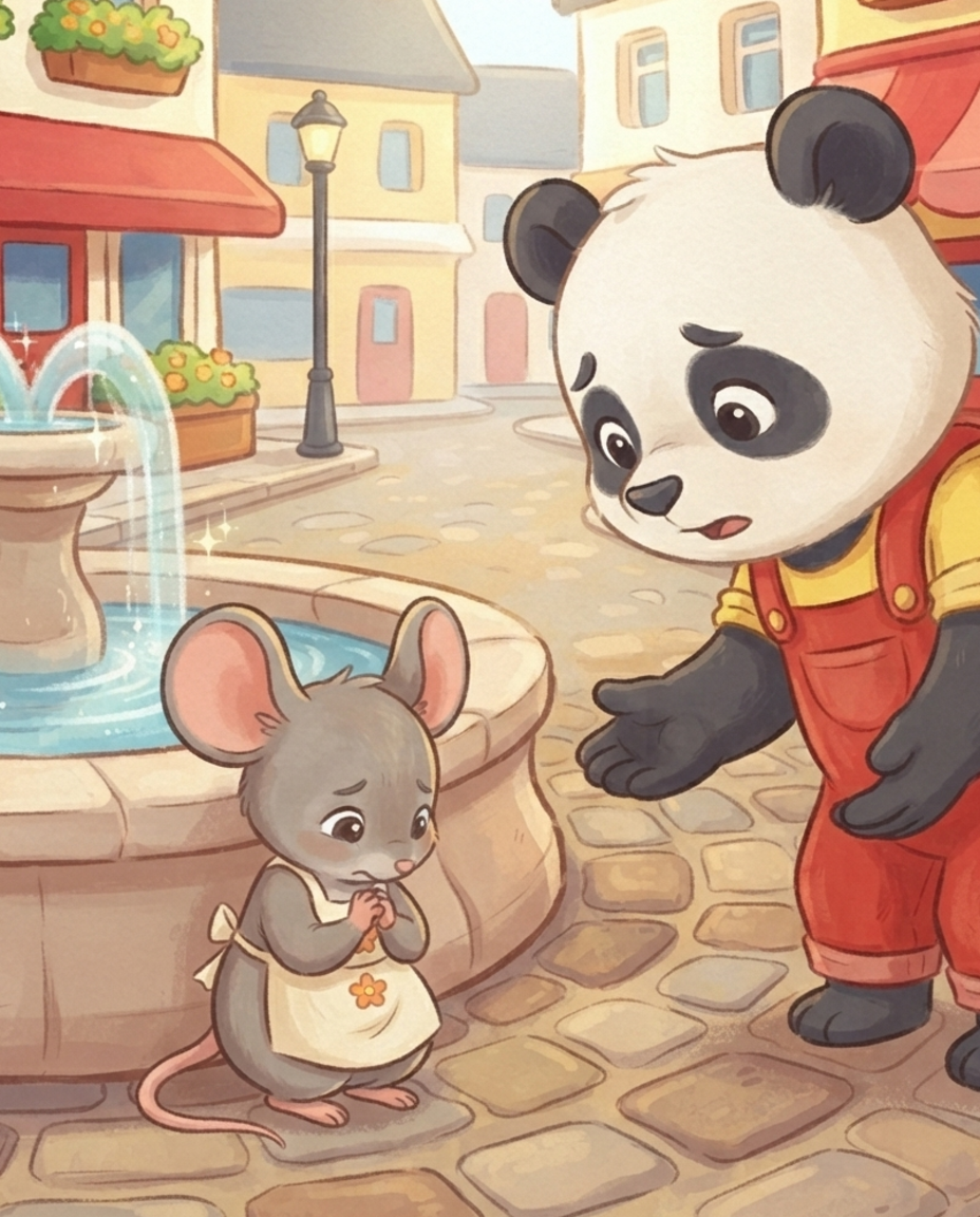 De piepkleine Mimi maakt zich heel klein bij de fontein terwijl Pip bezorgd naar haar kijkt.