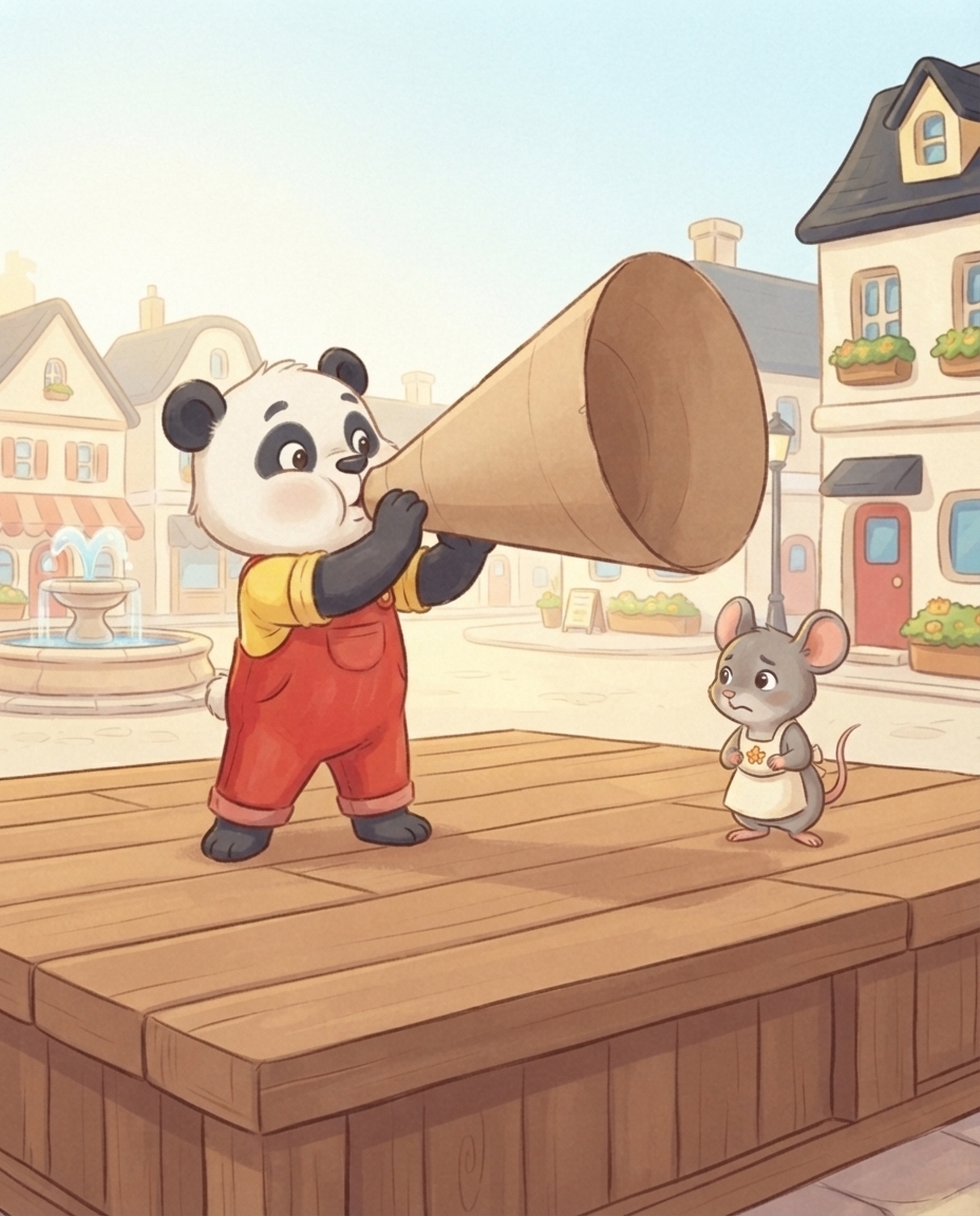Pip houdt een reuzegrote kartonnen megafoon vast bij een groot podium terwijl de piepkleine Mimi ervoor terugdeinst.