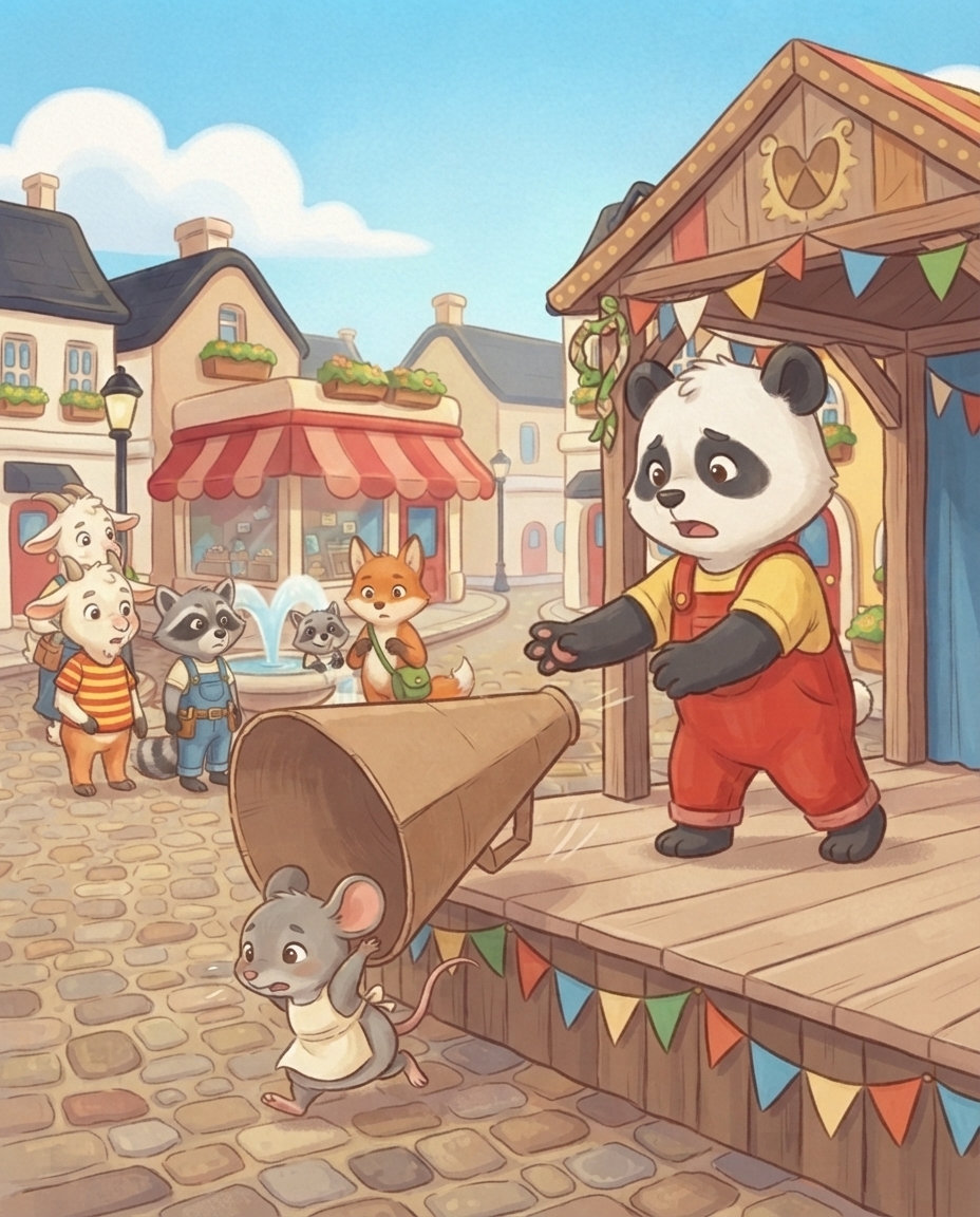 De piepkleine Mimi laat de reuzemegafoon vallen en rent van het podium terwijl een groepje vriendelijke dieren toekijkt en Pip haar naroept.