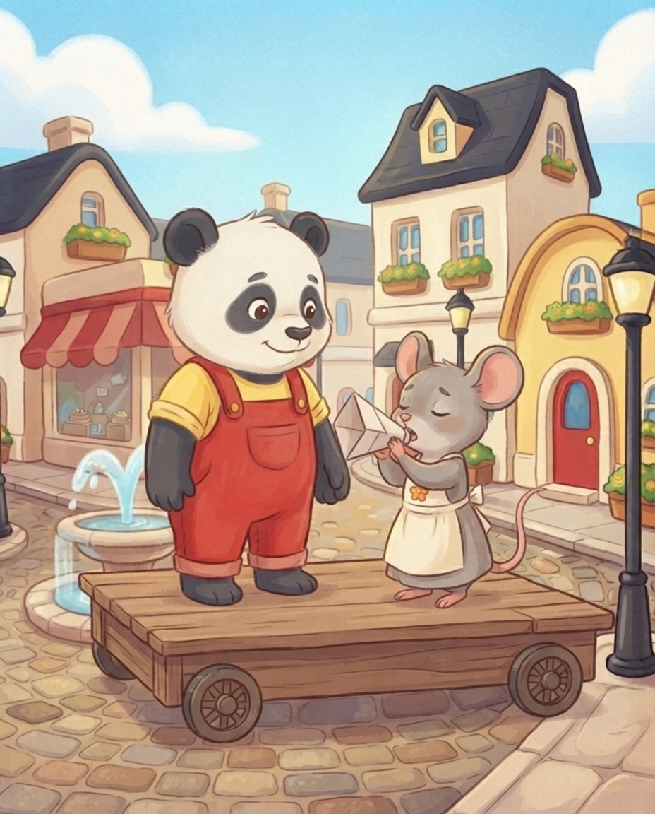 Pip staat rustig en bemoedigend naast de piepkleine Mimi terwijl zij met een papieren megafoon haar eerste zachte noot zingt.