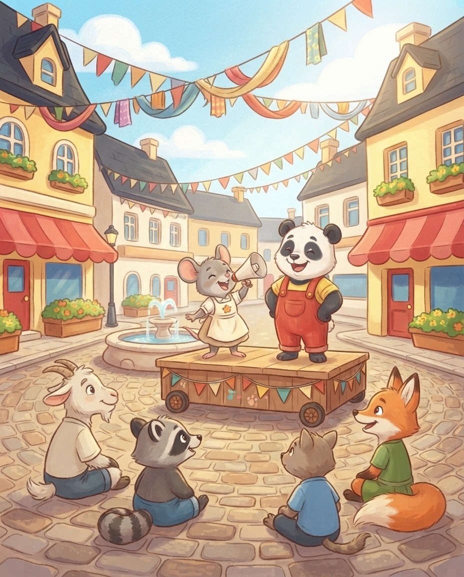 De piepkleine Mimi zingt op het kleine podium terwijl Pip straalt en alle dieren op het zonnige plein stil luisteren en glimlachen.