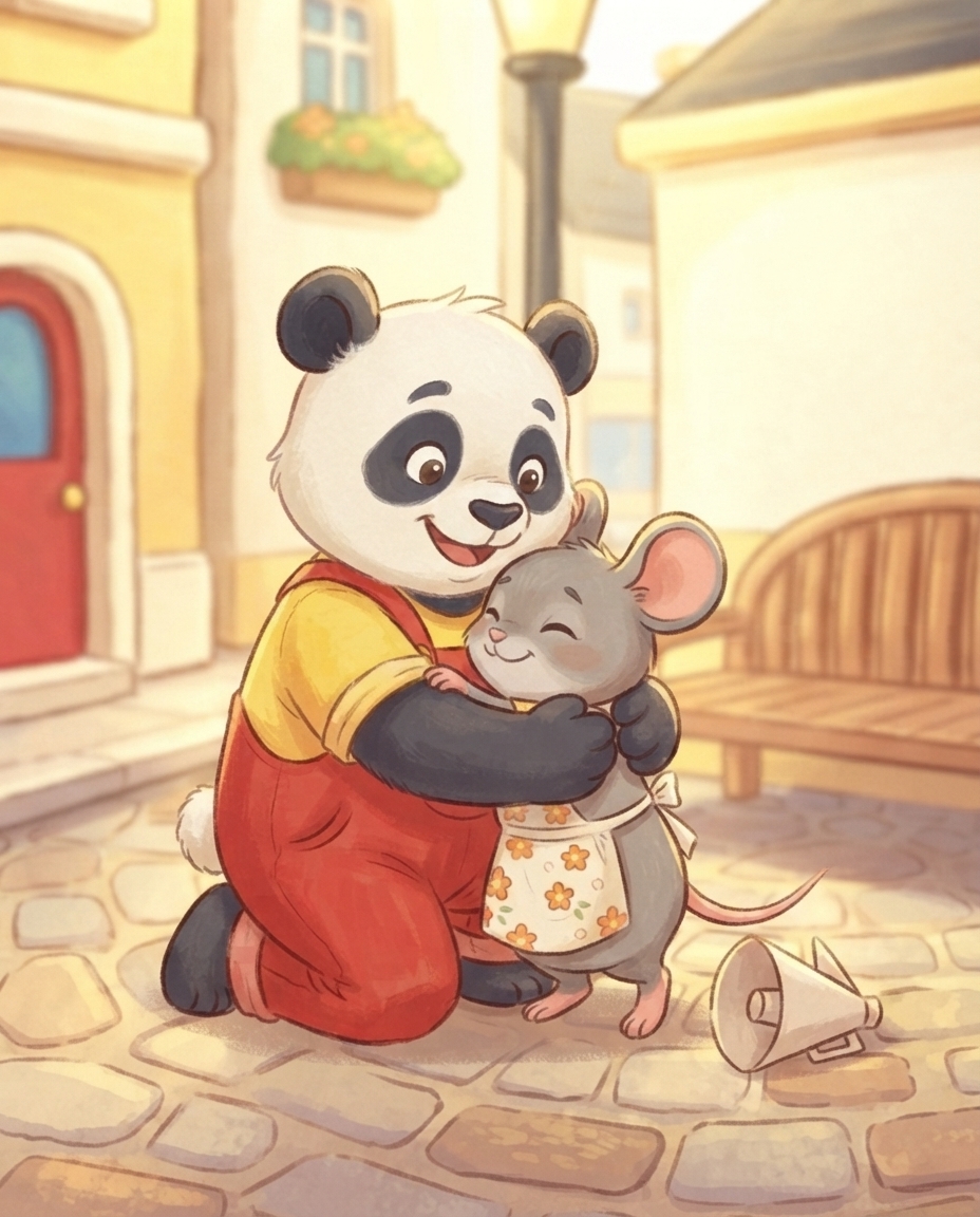 Pip geeft de piepkleine Mimi een dikke warme knuffel in een zonnig hoekje van het plein, met de papieren megafoon ernaast.