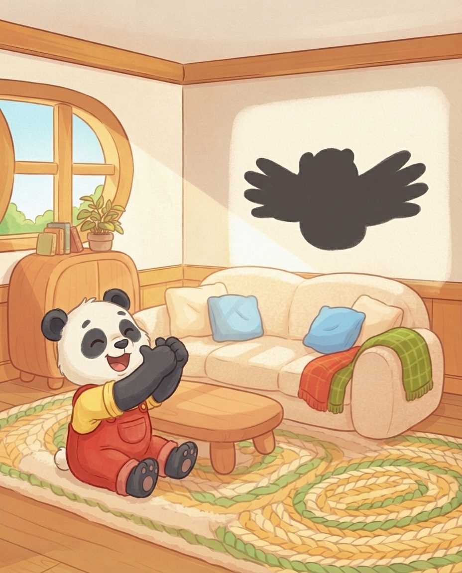 Pip zit giechelend in een zonnestraal met zijn pootjes gekruist, terwijl op de muur de grove schaduw van zijn twee pootjes lijkt te fladderen als een vogel.