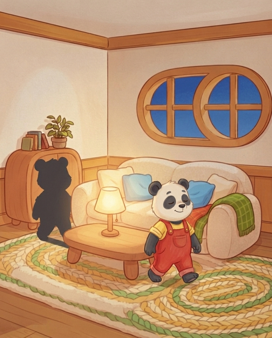 In de warme woonkamer loopt Pip richting bed, terwijl zijn schaduw op de muur er wat ineengedoken bij staat en opzij kijkt naar de brandende lamp.