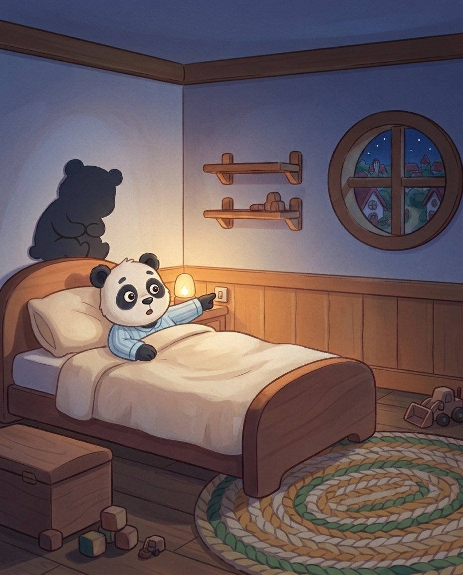 Pip ligt onder zijn dekbed met zijn poot bij het lichtknopje, terwijl zijn schaduw zich klein en plat in de hoek tegen de muur heeft gedrukt.