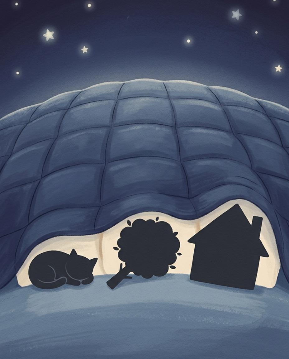 Droombeeld van een grote zachte donkerblauwe deken over een heuvel, waaronder de schaduw van een kat, een boom en een heel huis knus naast elkaar liggen te slapen.