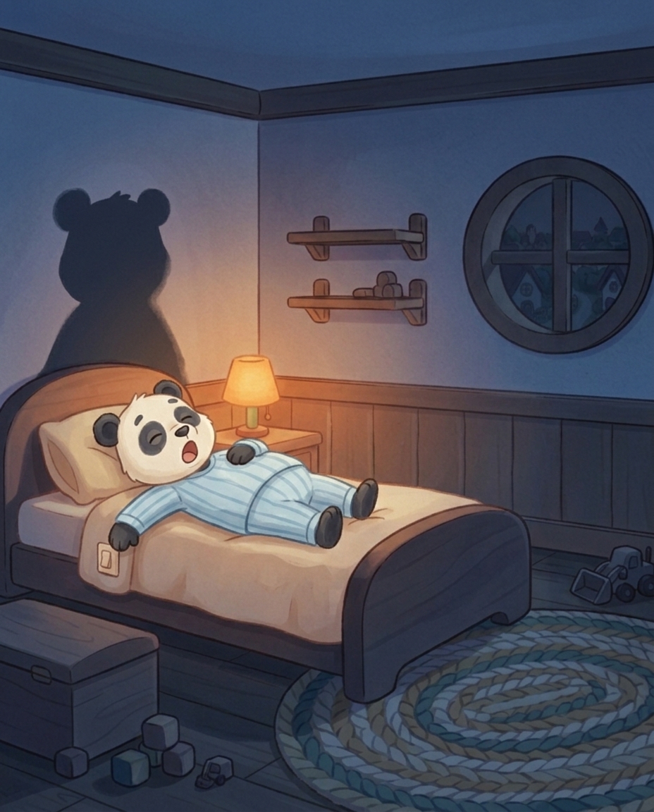 De bijna donkere slaapkamer in de warme gloed van het nachtlampje, waar Pip geeuwend onder zijn dekbed ligt en zijn schaduw zacht wegzakt in de muur.