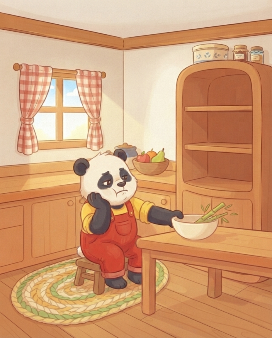 Pip zit met zijn wang op zijn poot aan de keukentafel en schuift zijn kom bamboe verveeld van zich af.
