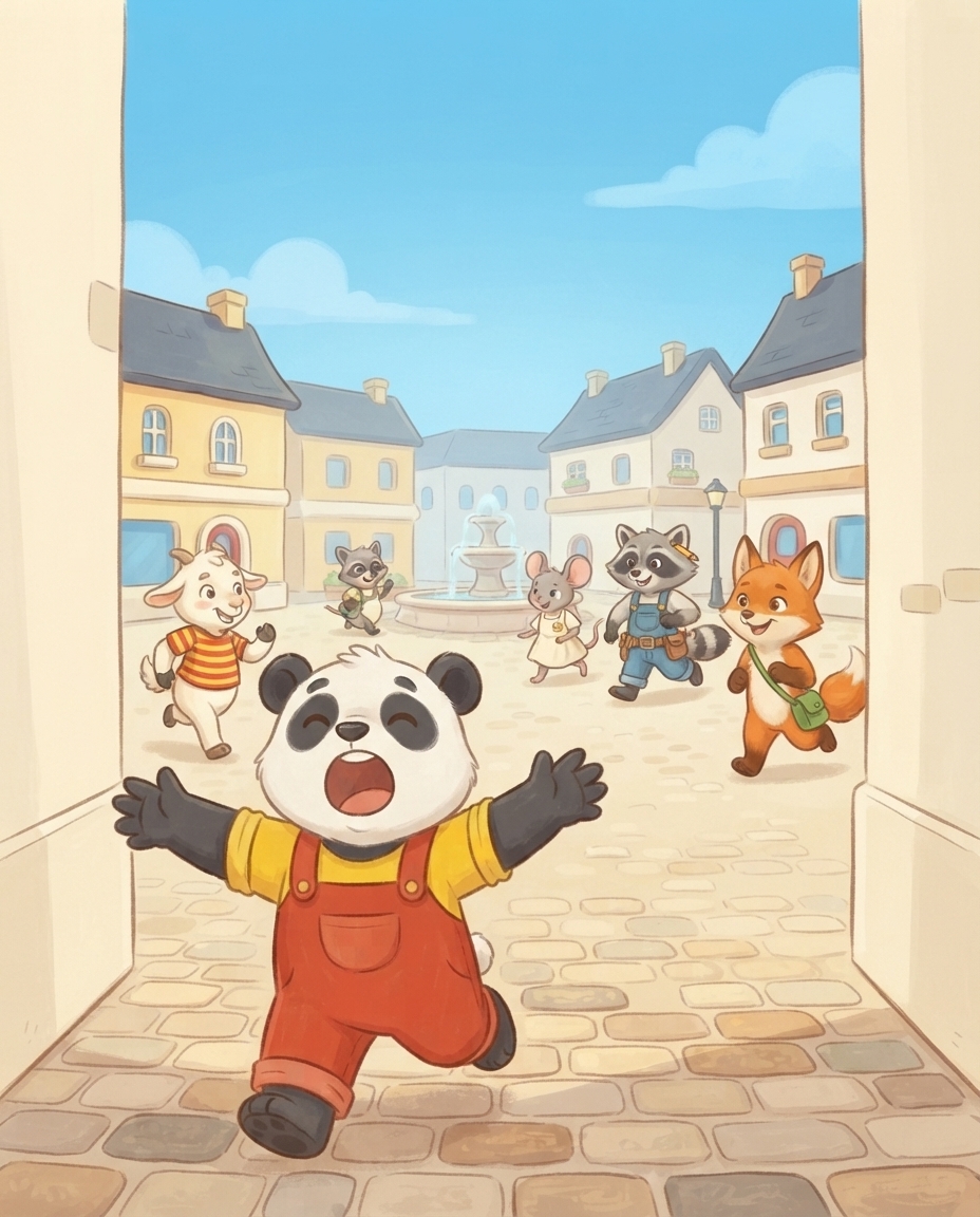 Pip roept met wijd uitgestrekte armen iets over het zonnige dorpsplein, terwijl Guus, Mimi, Roos en Fenna naar hem toe rennen.