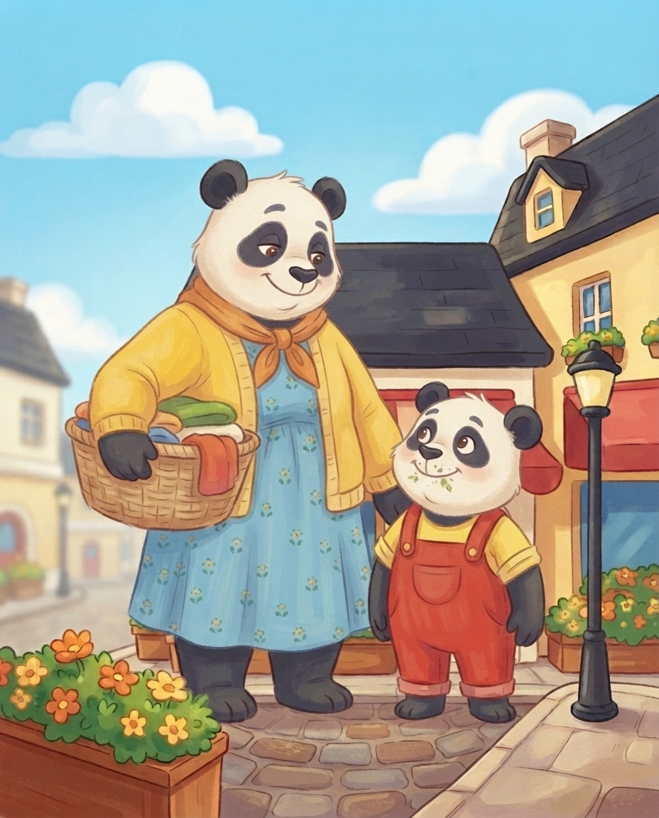 Mama Panda loopt met een wasmand op haar heup langs de winkelpui en kijkt met een warme glimlach omlaag naar Pip, die kruimels op zijn kin heeft.