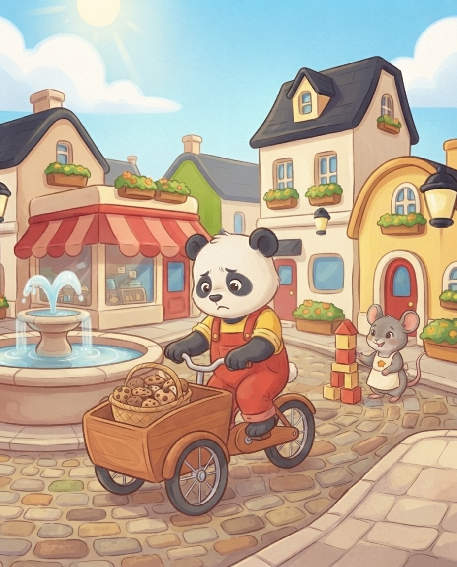 Pip fietst langzaam op Mimi's bakfiets over het plein en kijkt onzeker naar de mand met koekjes voorin, terwijl Mimi bij zijn blokkentoren staat.