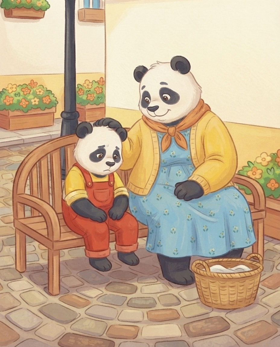 Pip zit met hangende schouders op een bankje in de hoek van het plein, terwijl Mama Panda naast hem op de plek naast zich klopt.