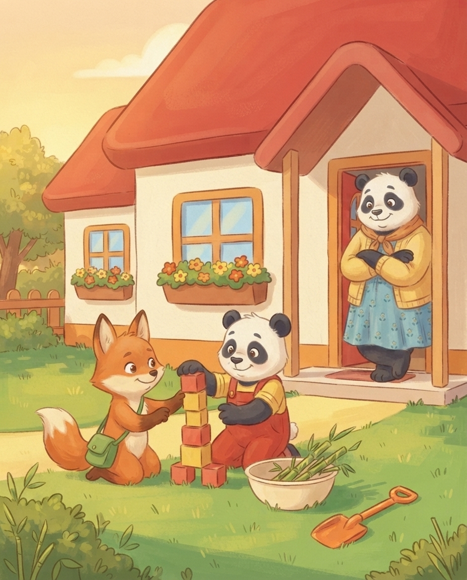 Pip en Fenna bouwen geknield in de voortuin een blokkentoren met de kom bamboe ernaast, terwijl Mama Panda glimlachend vanuit de voordeur toekijkt.