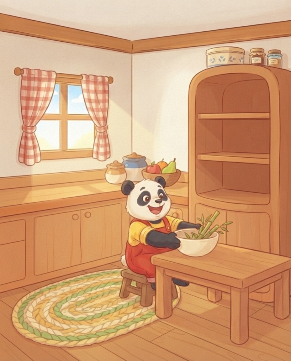 Pip trekt aan dezelfde keukentafel zijn kom bamboe stralend naar zich toe en stroopt zijn gele mouwen weer naar beneden.