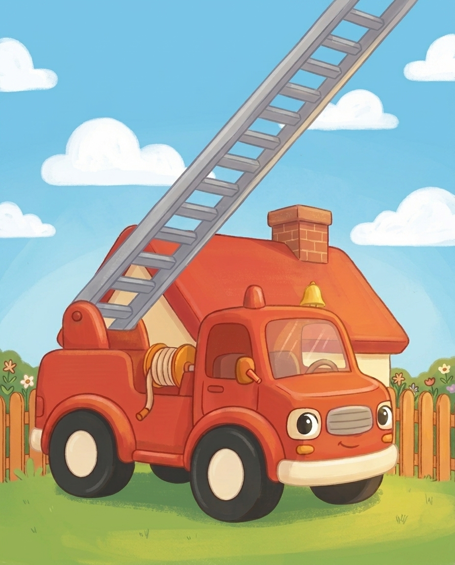 De grote rode brandweerwagen staat groots in de tuin, met zijn lange grijze ladder die hoog omhoog reikt.