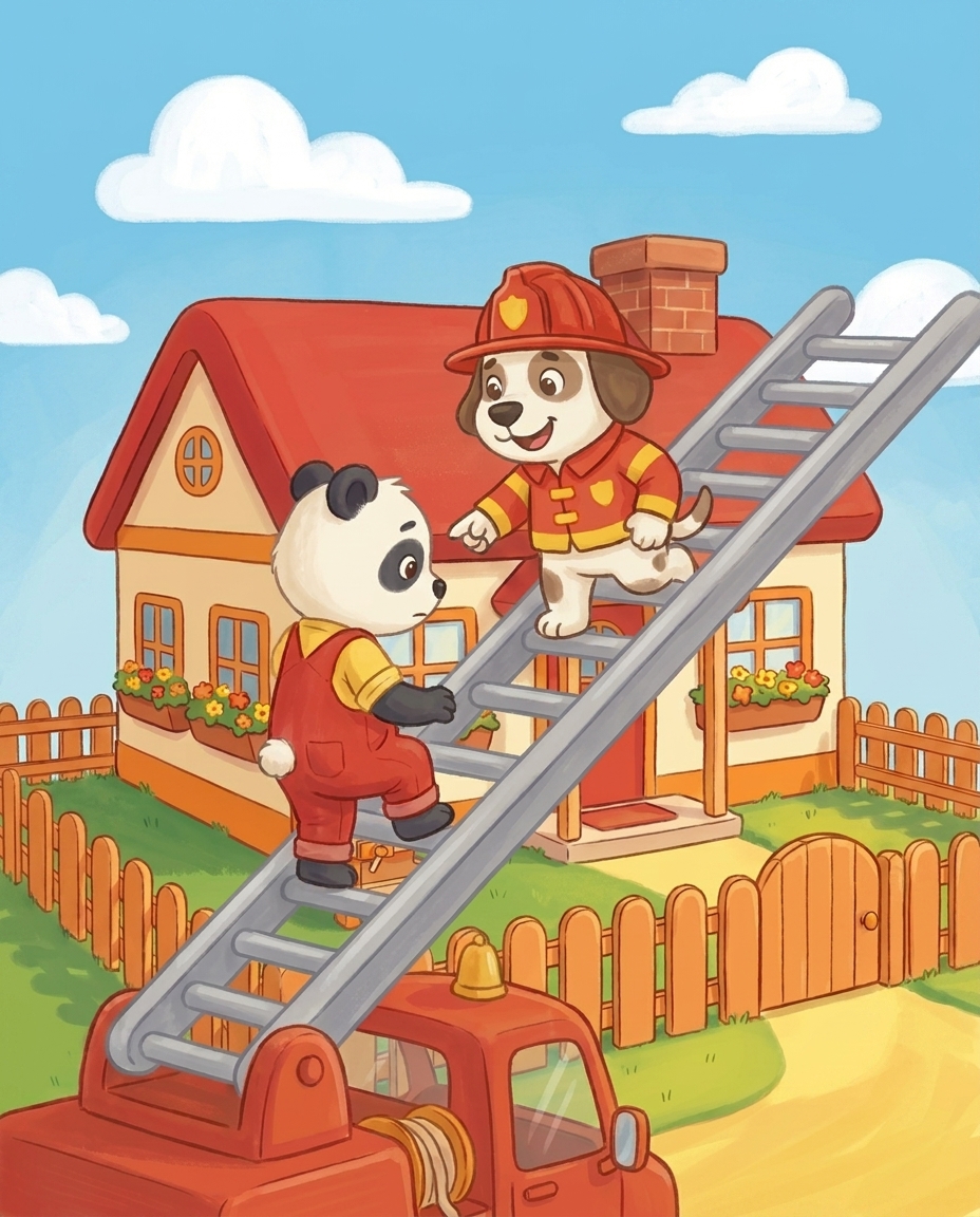 Bons wijst Pip op de ladder waar hij zijn voeten moet zetten, en samen klimmen ze stap voor stap omlaag.