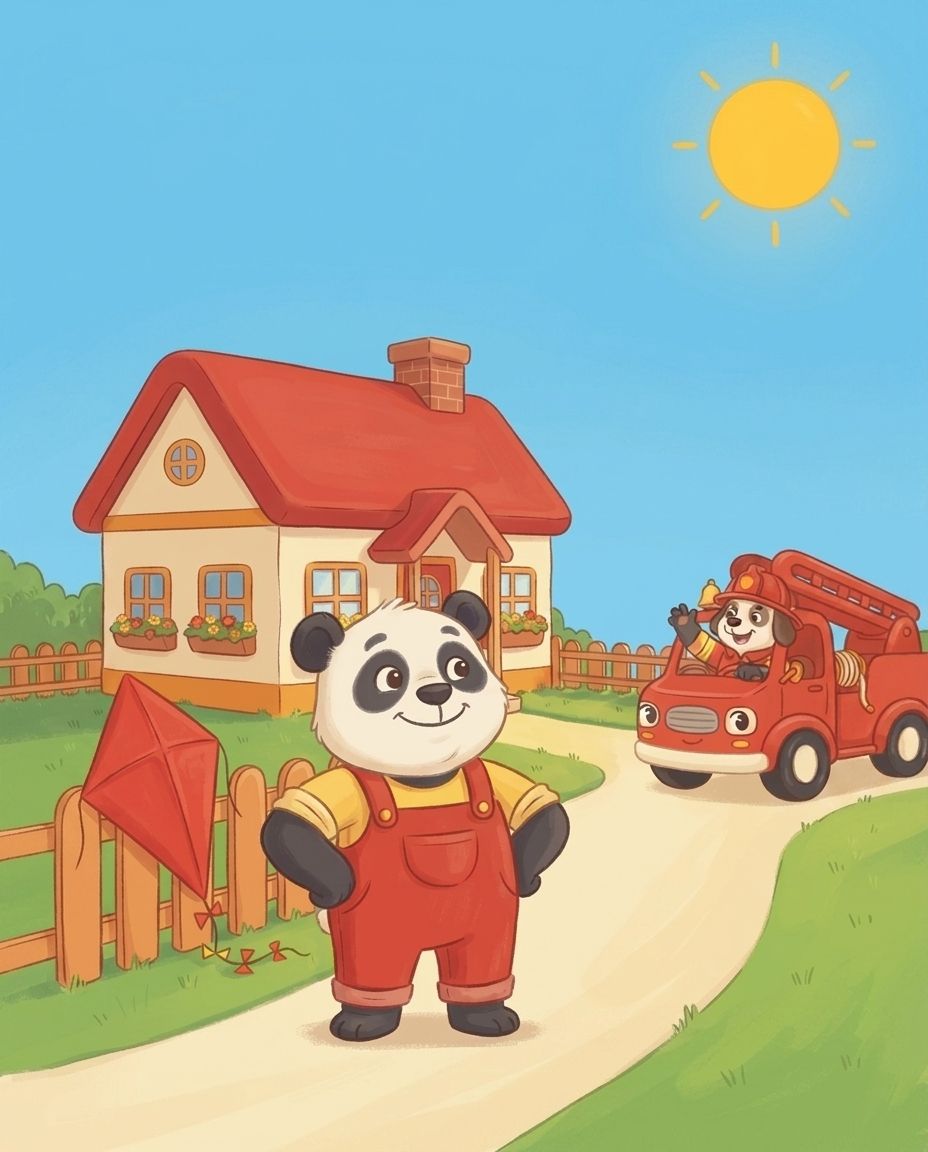 Pip staat tevreden in zijn tuin en stroopt zijn mouwen weer omlaag, terwijl Bons en de brandweerwagen op de achtergrond zwaaien.