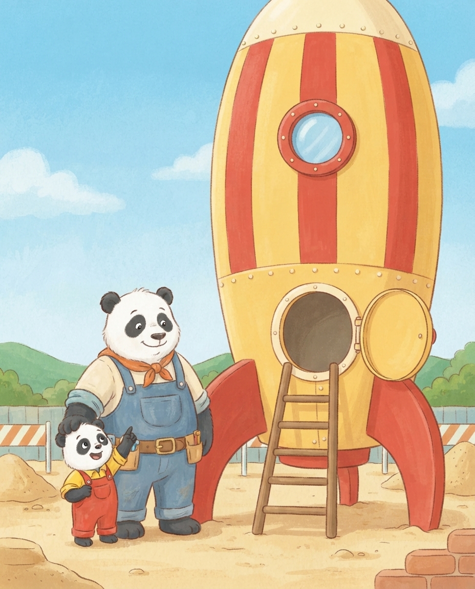 De grote gele raket met rode strepen staat klaar op de bouwplaats, met Pip en Papa Panda klein aan de voet ervan.
