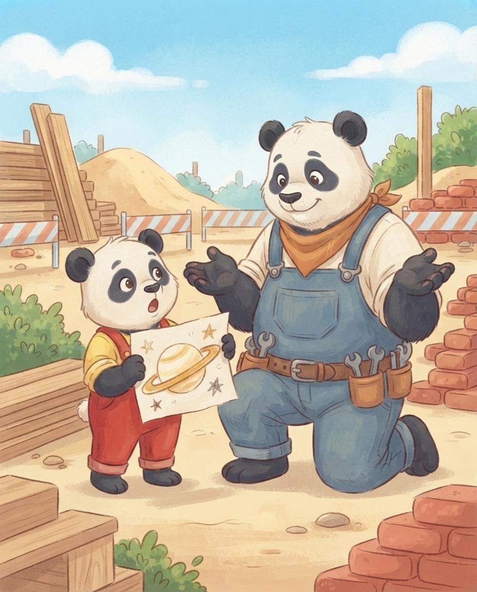 Pip houdt een zelfgemaakte tekening van een planeet met een ring omhoog, terwijl Papa Panda gehurkt met hem meekijkt.