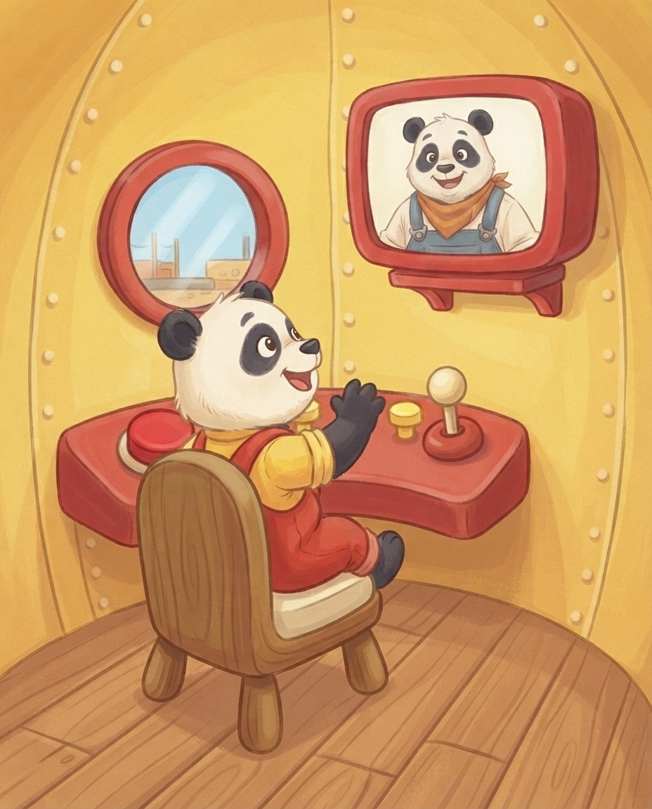 Pip zit in het houten stoeltje in de raket en kijkt naar het ronde scherm naast hem, waarop het gezicht van Papa Panda verschijnt.