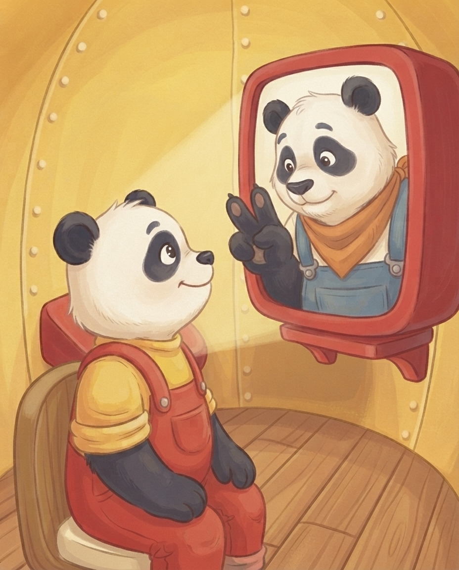 Pip kijkt van dichtbij naar Papa Panda op het scherm in de raket, die zijn poot opsteekt en hem rustig het plan vertelt.