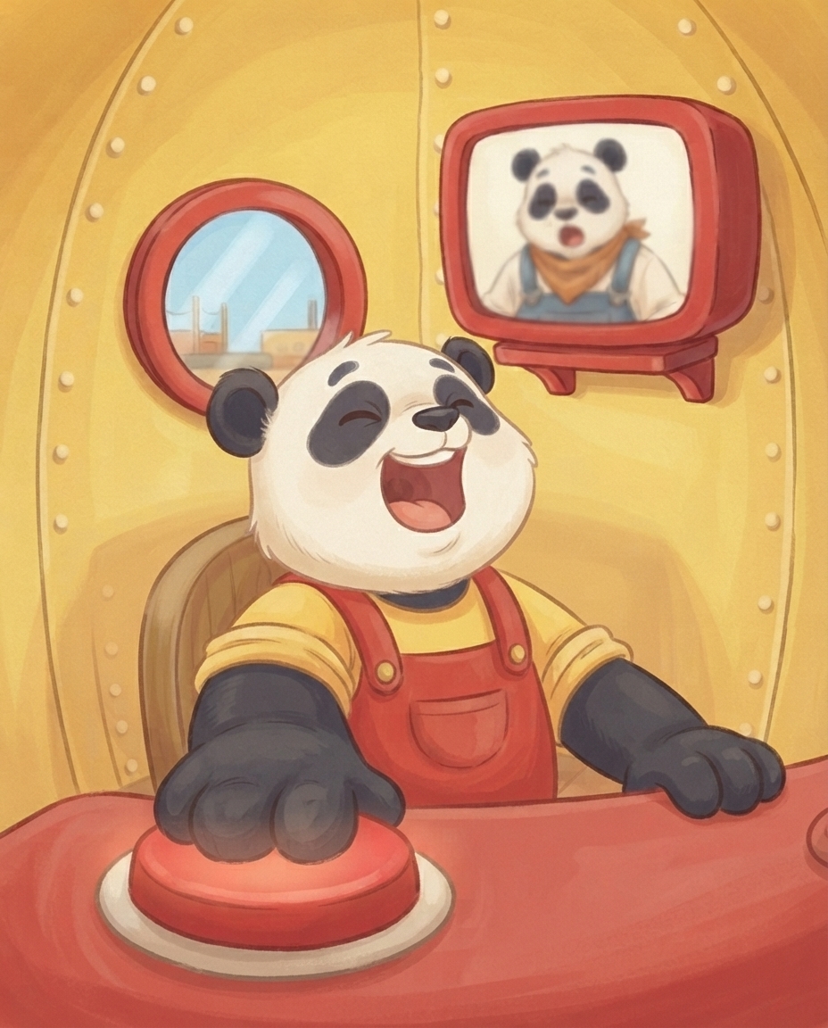 Pip drukt met zijn poot op de grote rode knop en telt met open mond hardop af, met Papa Panda vaag zichtbaar op het scherm achter hem.