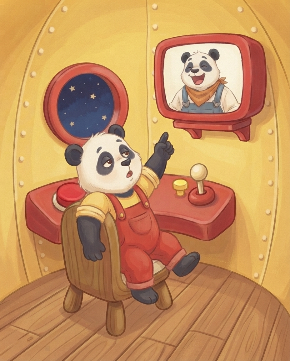 Van bovenaf gezien hangt Pip verveeld onderuitgezakt in zijn stoeltje en telt de boutjes in het plafond, terwijl Papa Panda op het scherm met open mond zingt.
