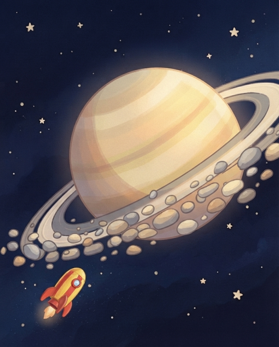 De enorme geelbruine planeet Saturnus vult het beeld, met ringen die van dichtbij uit honderden ronde stenen blijken te bestaan en de kleine raket ernaartoe vliegt.