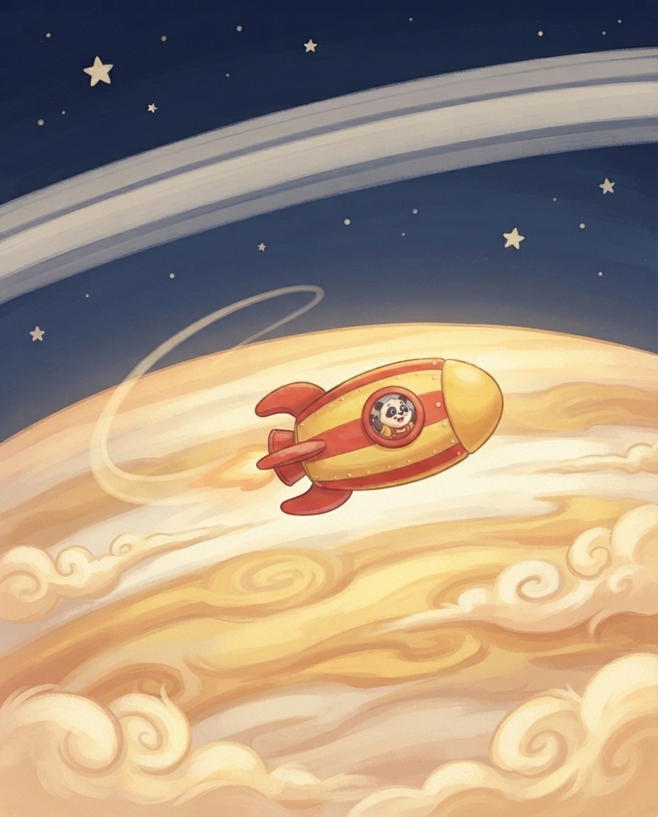 De gele raket scheert vlak boven het zachte, gestreepte gaswolkenoppervlak van Saturnus, met de ringen als brede banden aan de sterrenhemel erboven.