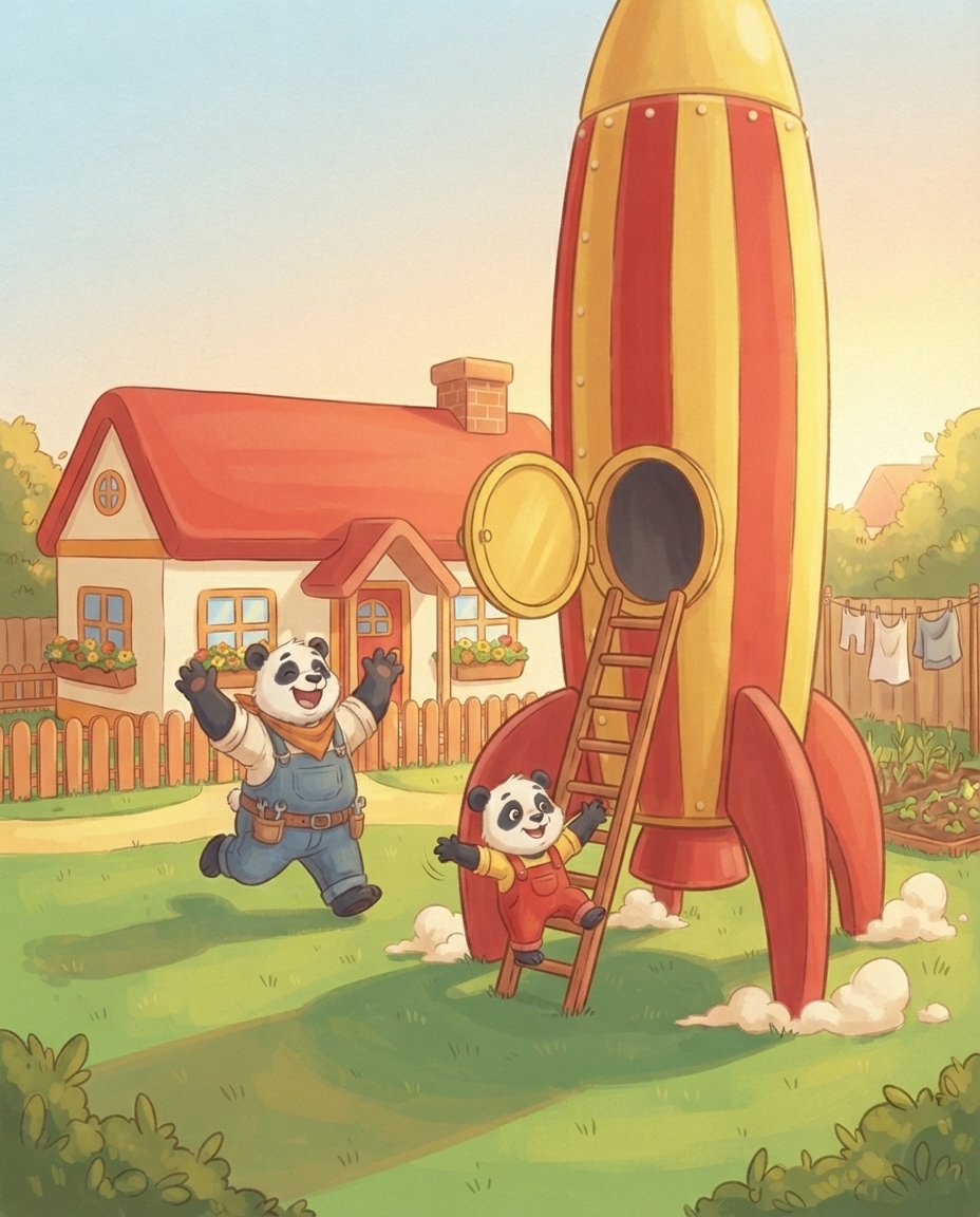 De grote gele raket staat geland in de kleine achtertuin naast de waslijn, terwijl Pip van de ladder springt en Papa Panda juichend aan komt rennen.
